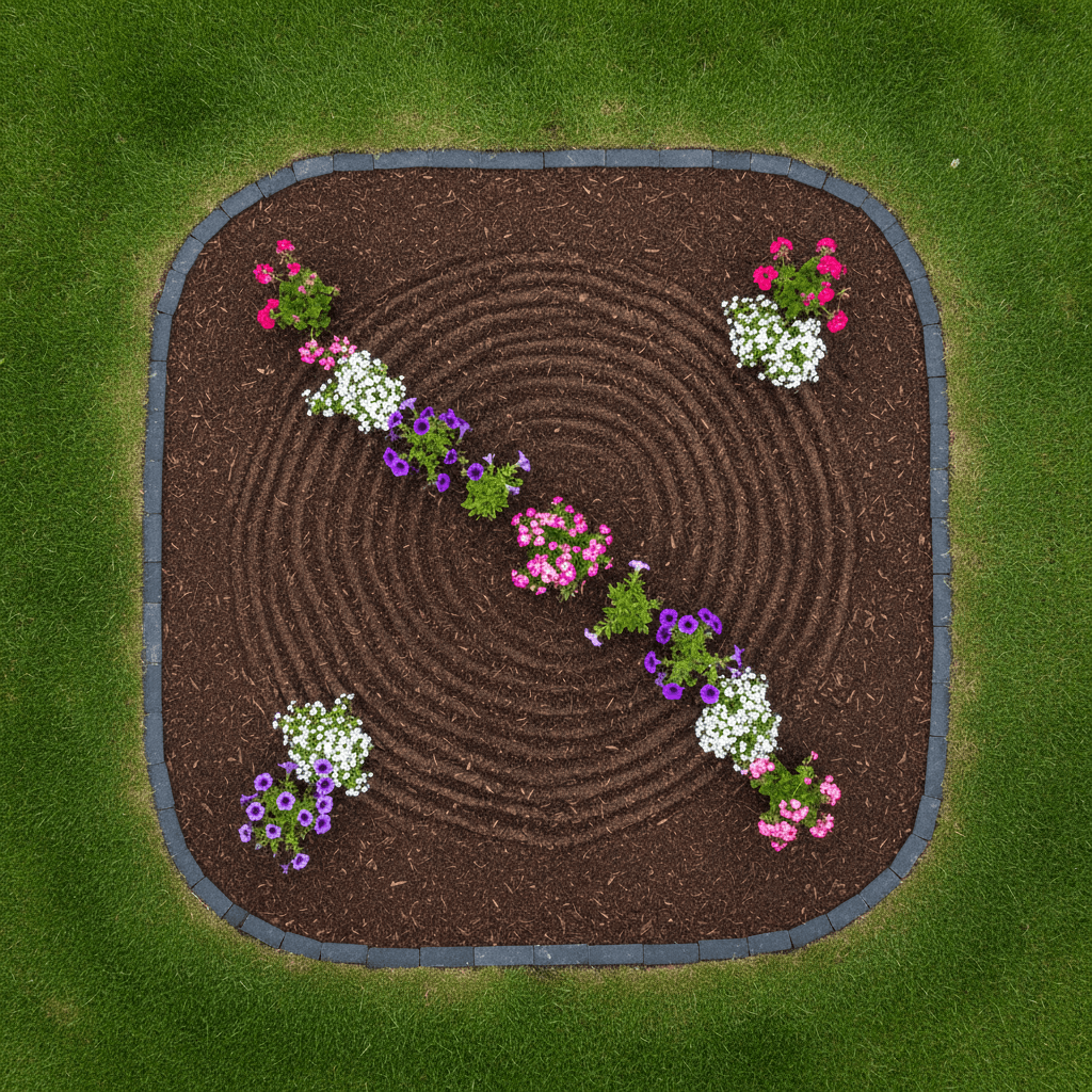 Landscaping work with planted beds and seasonal flowers
