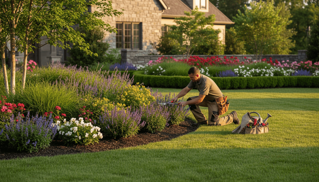 Property maintenance professional caring for residential lawn